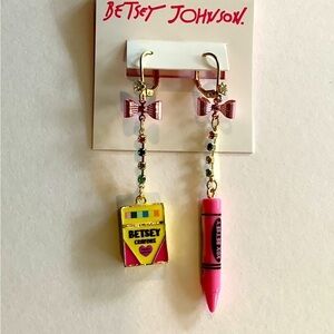 Betsey Johnson Back To School Crayon Box Pink Bow Mismatch Earrings New